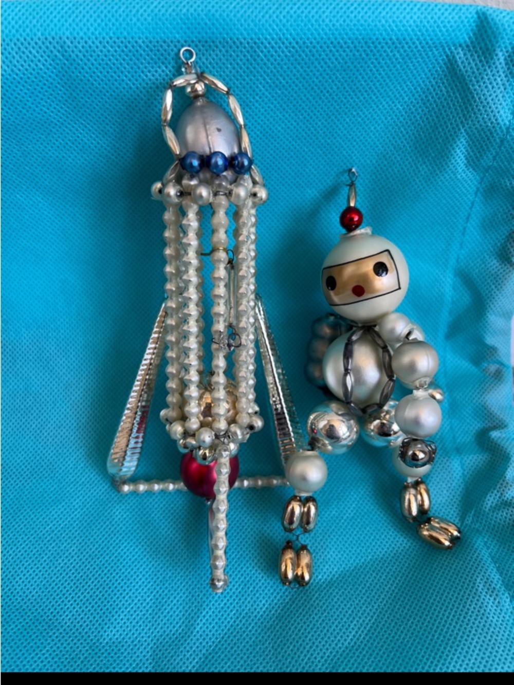 Vintage Set of Czechoslovakian Beaded Glass Ornaments Astronaut & Spaceship